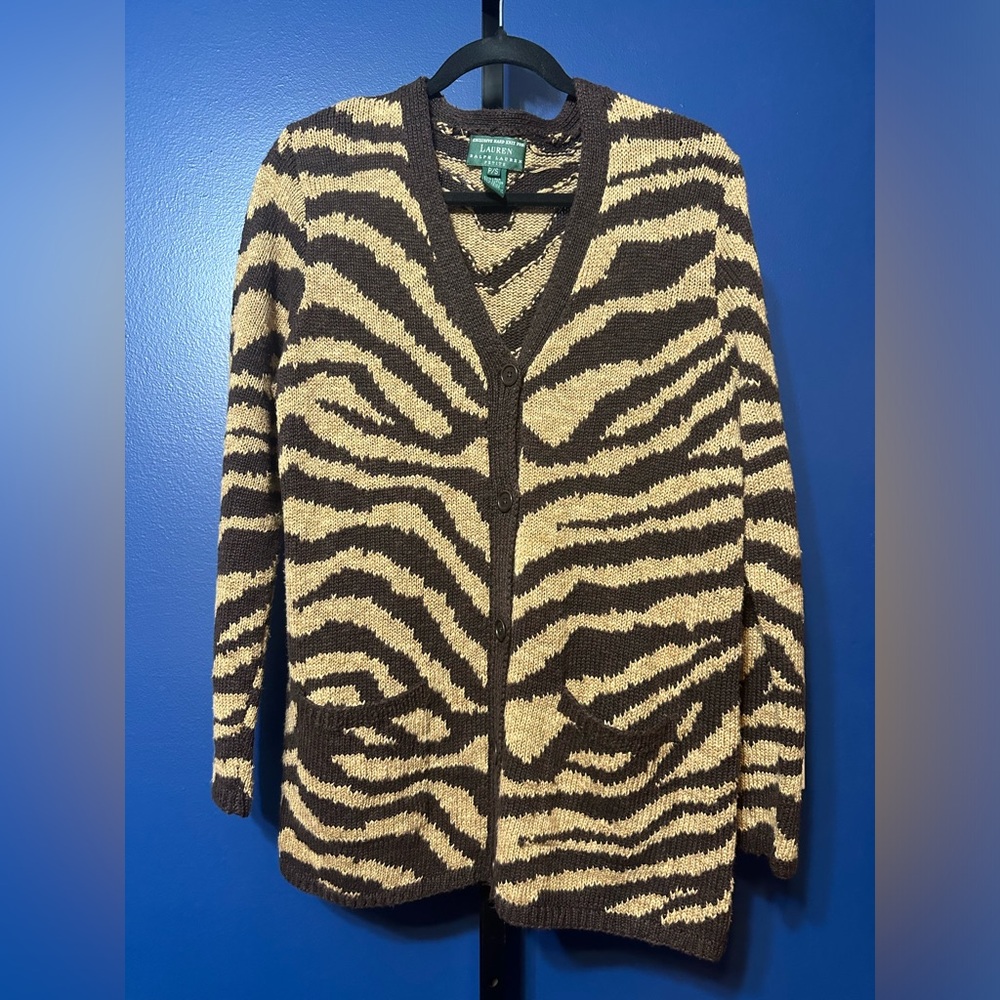 Lauren Ralph Lauren Zebra Print Hand Knit Cardigan Sweater